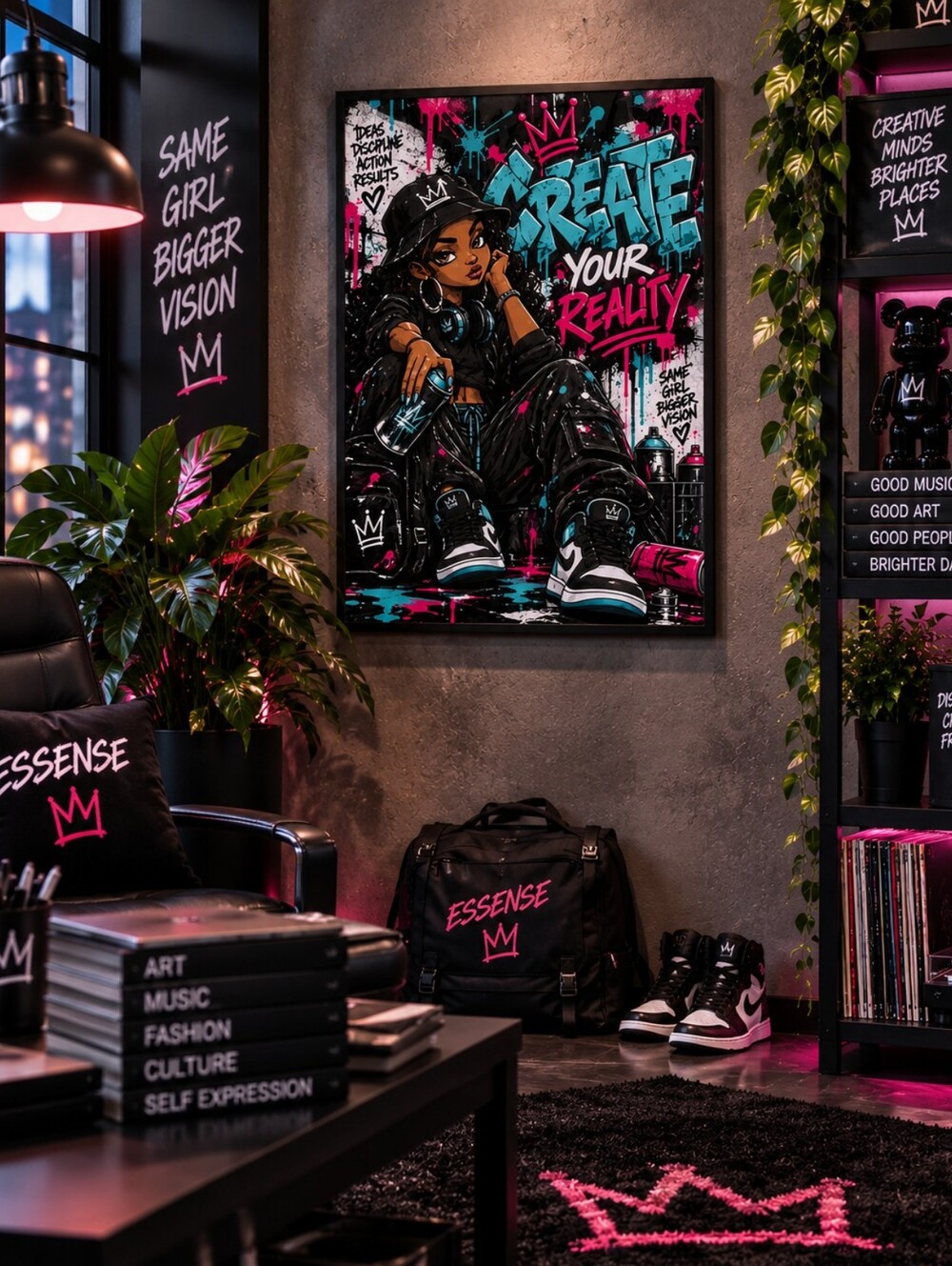 Custom 9x12 'Create Your Reality' Wall Art - Black & Pink Urban Canvas